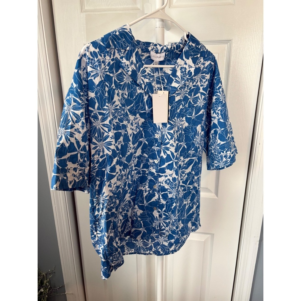 Lucy Paris Blue White Floral Short Sleeve Button Down Shirt Small Boxy Notched